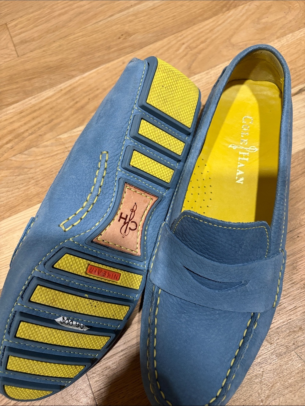 Cole Haan Blue Suede Loafers with Yellow Interior - Picture 2 of 4